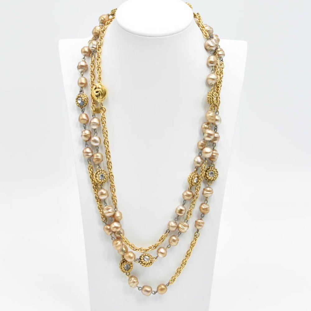 CHANEL CC Pearl & Diamond Extra Long Vintage Necklace 1980s w/Box - Picture 4 of 15